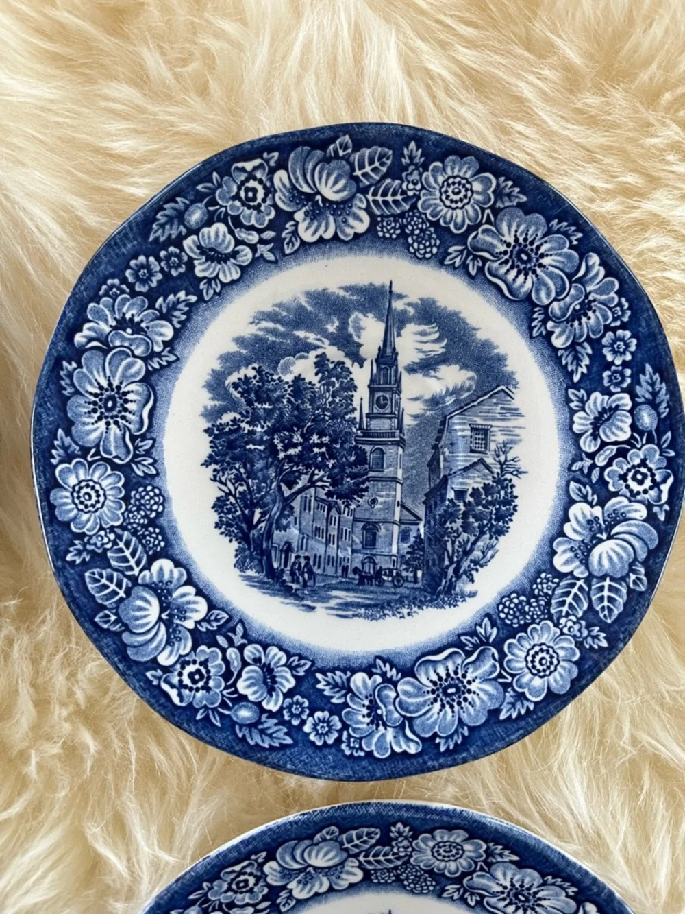 Staffordshire Ironstone Liberty Blue Tea Cup Saucers Old North Church Set Of 4
